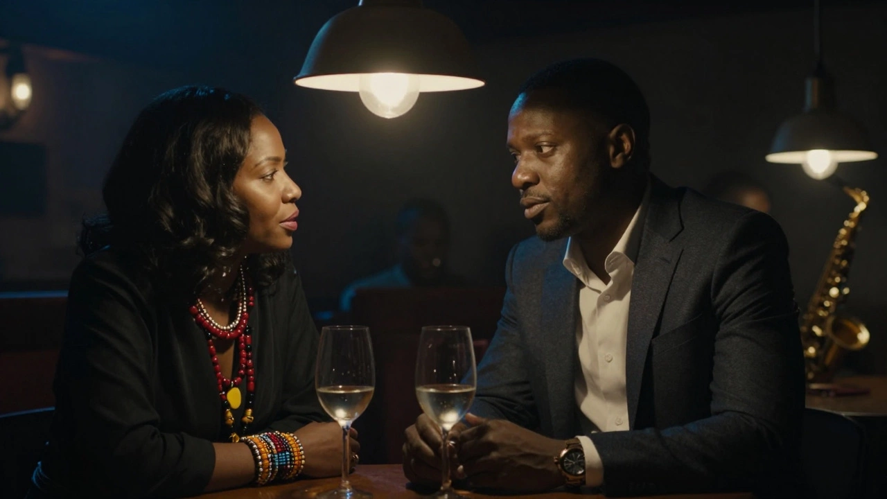A man and woman share a quiet moment in a Paris jazz club, lit by soft lamplight, African beadwork visible.