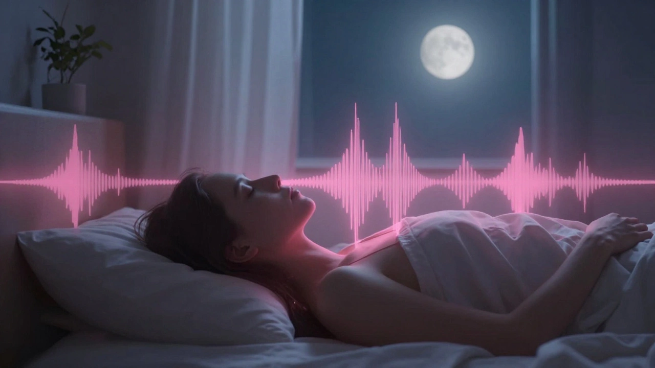 A person sleeping peacefully as soft pink noise waves gently surround them, moonlight streaming through curtains.