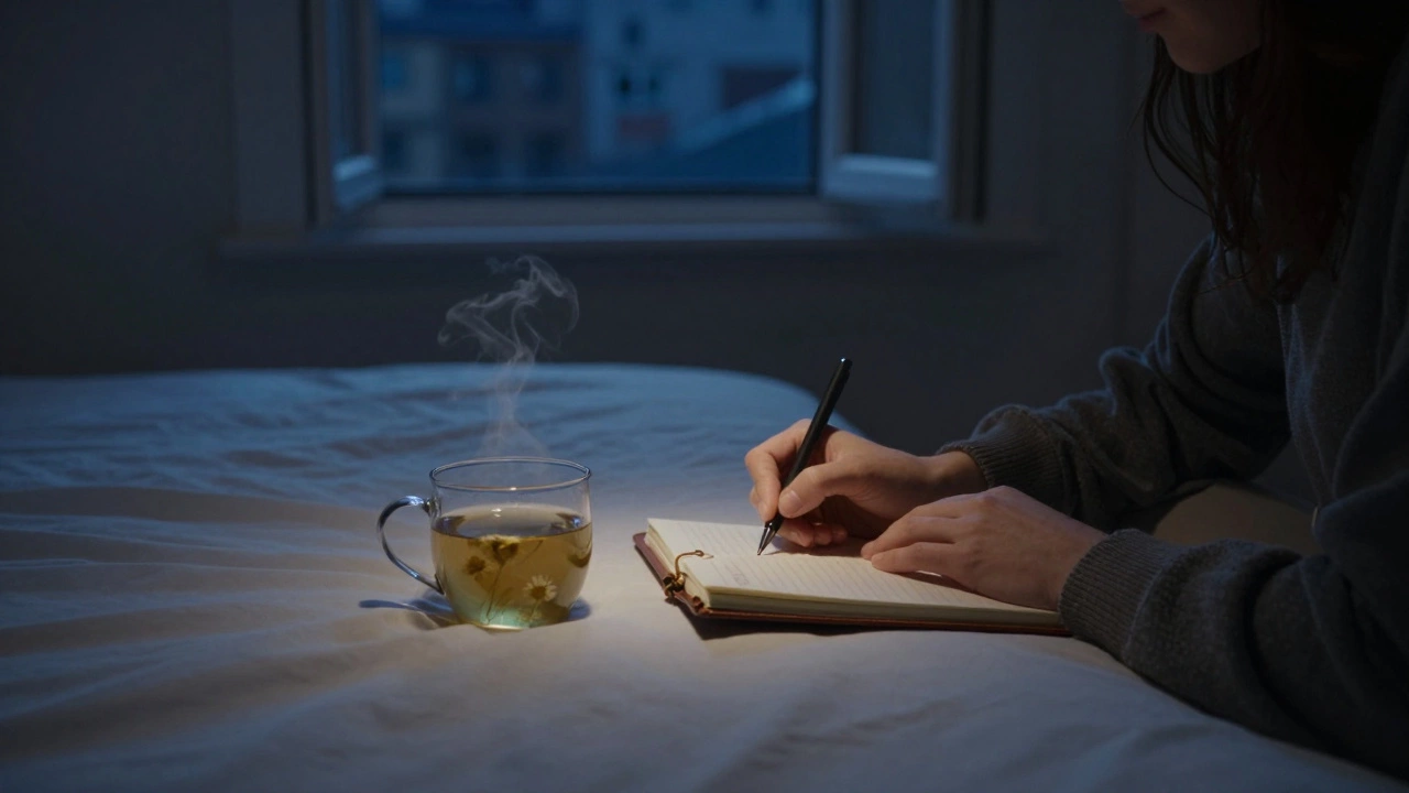 Someone writing in a journal by candlelight beside their bed, a warm drink nearby, quiet and clutter-free room.