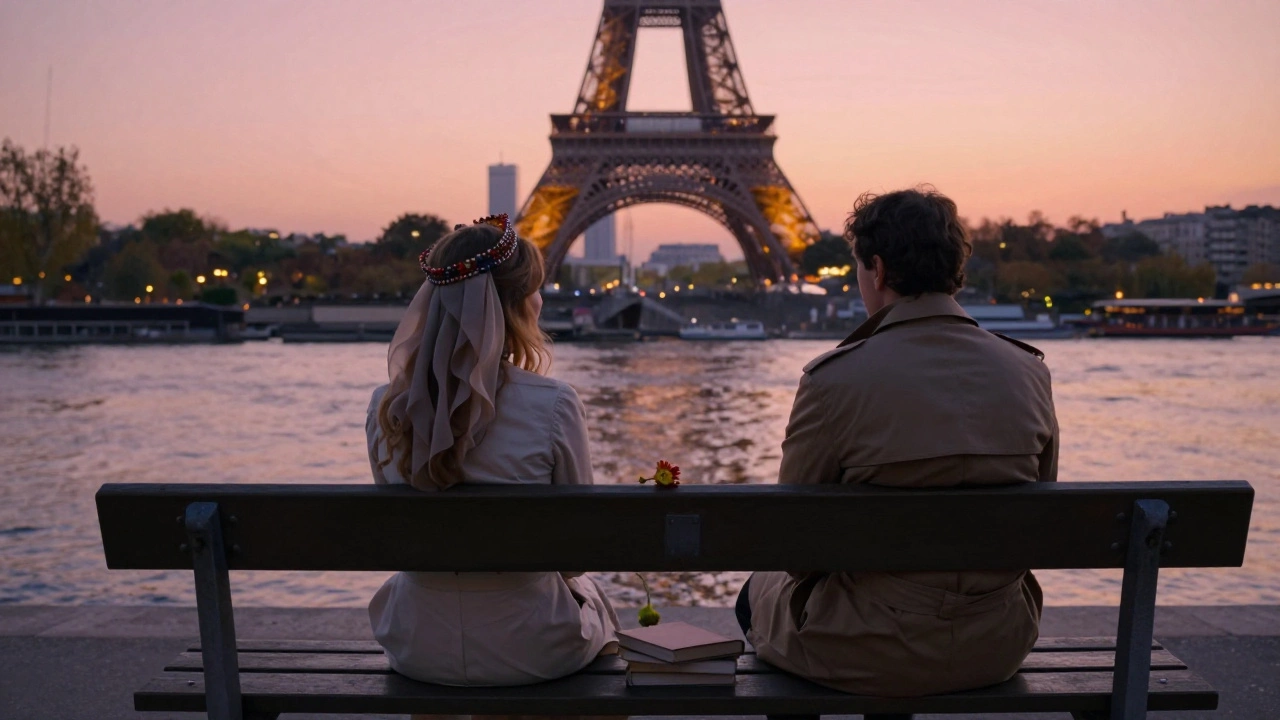 Two figures sit in silence on a Seine bench at sunset, the Eiffel Tower glowing behind them.